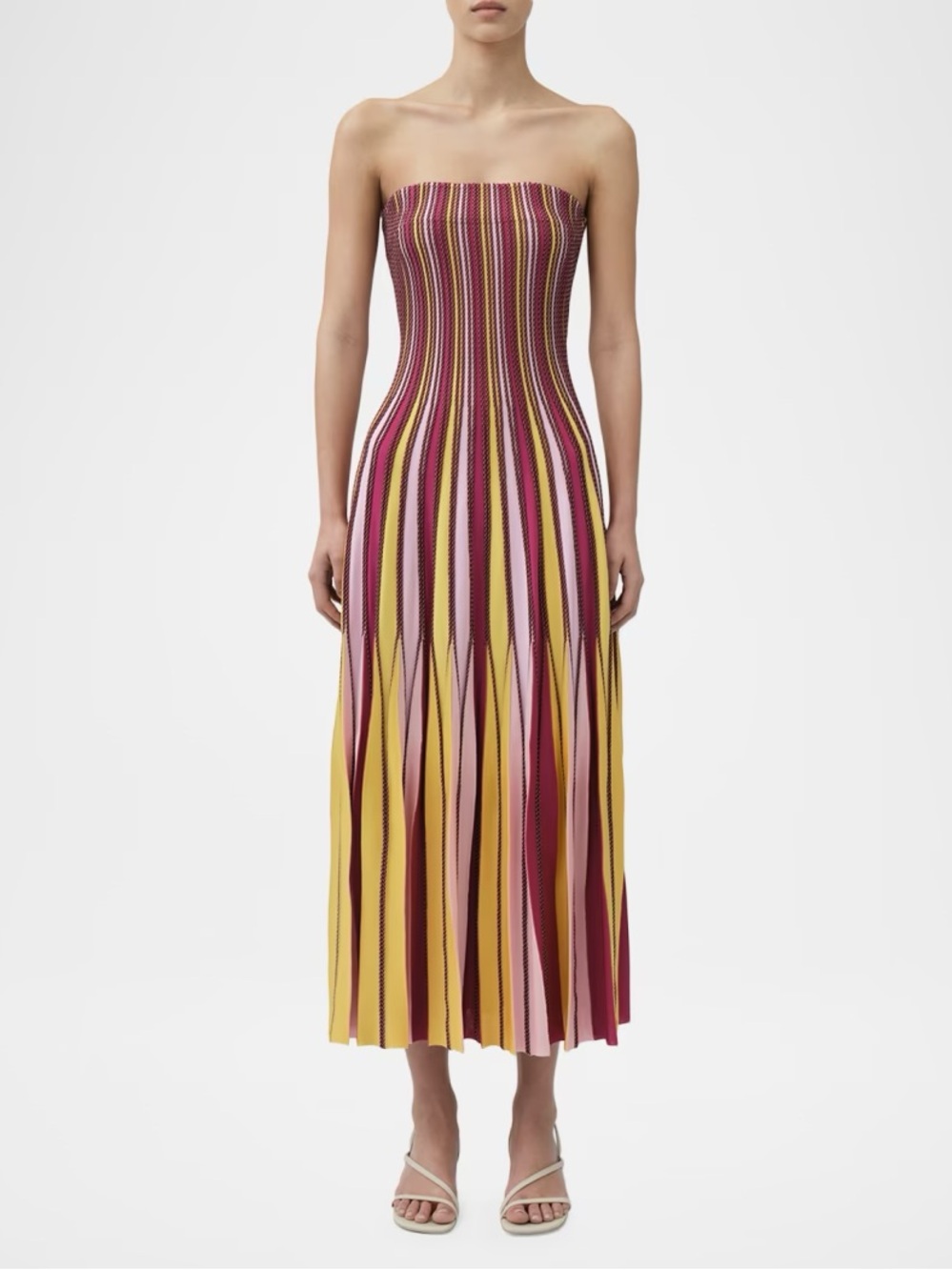 Soleil Striped Midi Dress Strapless Multicolor Pleated in Pink & Yellow
